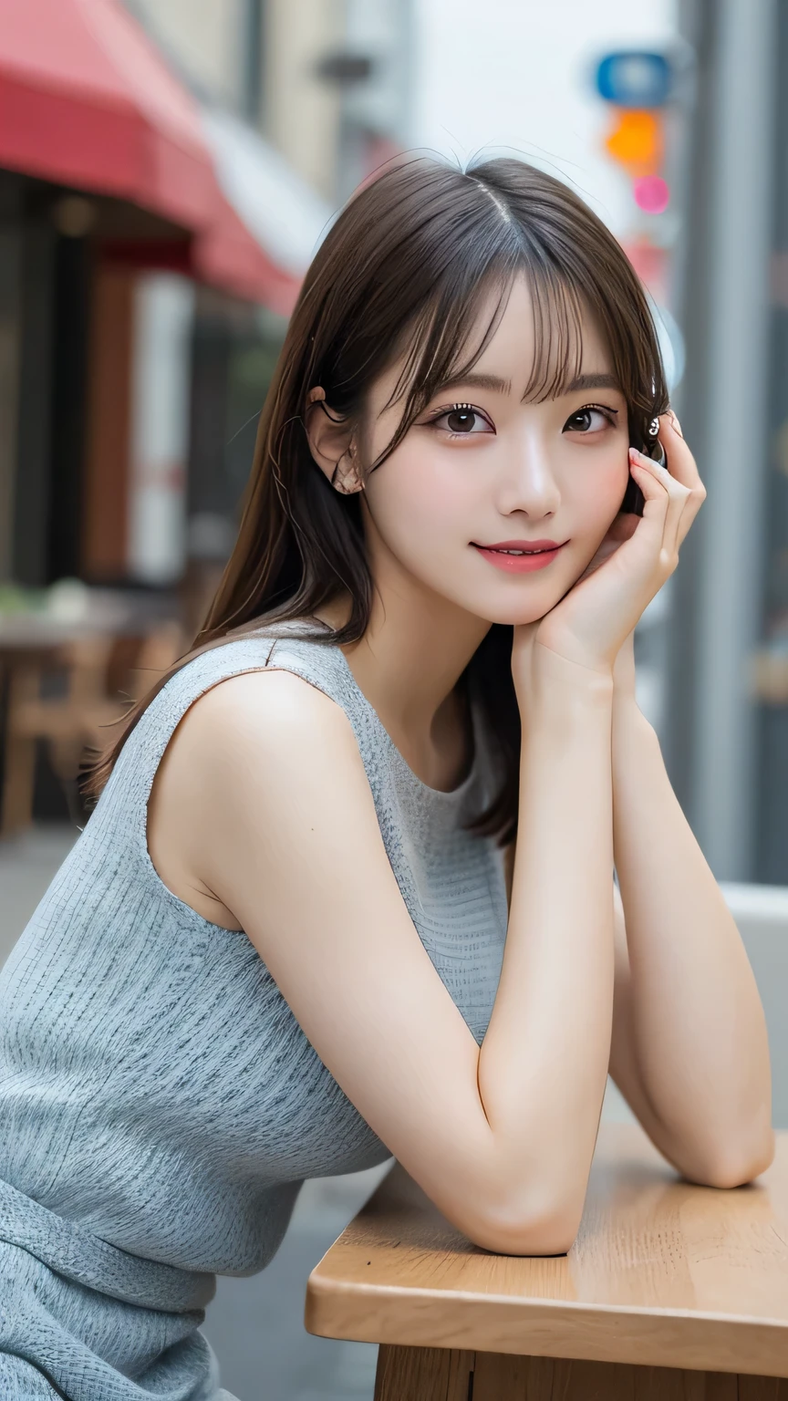On the table, Highest quality, shape, Very detailed, Finer details, High resolution, 8k wallpaper, Perfect dynamic composition, Beautiful and delicate eyes, pain,Medium Hair, Big Breasts, Natural color lips, Casual and sexy pose,smile,Aoyama Pedestrian Street、Sleeveless dress、20-year-old girl、Slim shape