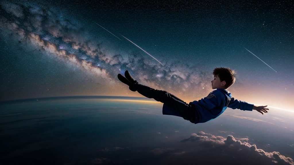 A boy floating in space looking towards a bright galaxy
