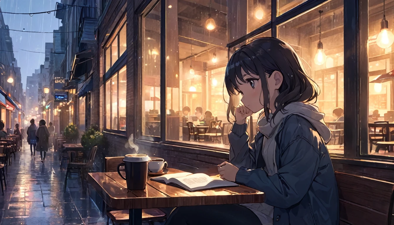 An illustration of a girl studying in an anime-style urban cafe. She sits by the window, concentrating on reading a book while feeling the hustle and bustle of the city outside. Her expression is focused, but also reflects a certain loneliness. The interior of the cafe is cozy, with a coffee cup and a book on the table. Outside the window, it is raining. You can see the city lights and distant buildings. This scene expresses the diverse emotions and tranquility of city life.