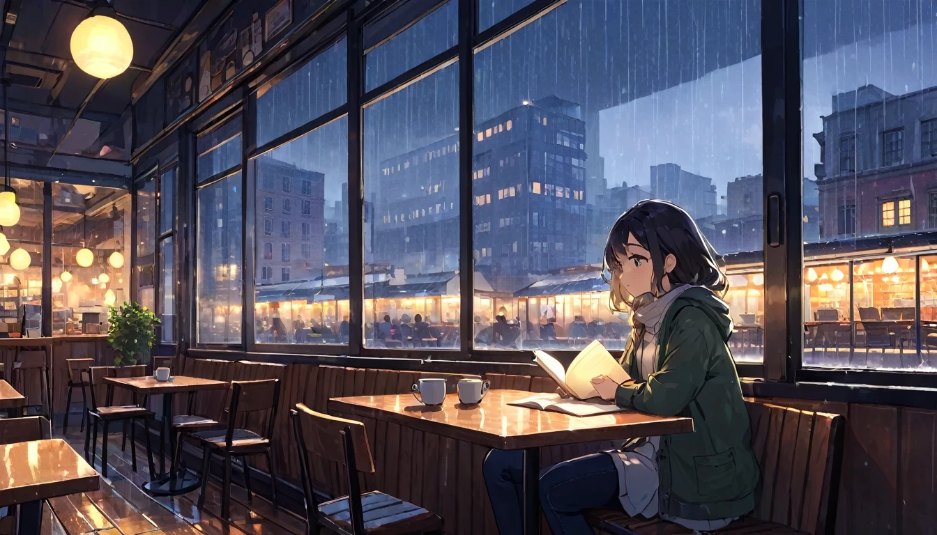 An illustration of a girl studying in an anime-style urban cafe. She sits by the window, concentrating on reading a book while feeling the hustle and bustle of the city outside. Her expression is focused, but also reflects a certain loneliness. The interior of the cafe is cozy, with a coffee cup and a book on the table. Outside the window, it is raining. You can see the city lights and distant buildings. This scene expresses the diverse emotions and tranquility of city life.