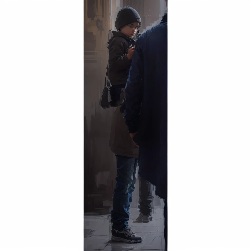 In a city in Europe, in profile, a man with his son is wearing a winter jacket, jeans and carrying a bag. Photorealism, full view, highly detailed image, very realistic, hyperrealism, Ultra HD, 8k, 5, sharp focus, intricate and mysterious masterpiece. (Long exposure photography Very detailed close-up portrait artistic illustration: final quality, medium shot, backlight, Rich and striking. Enigmatic and mysterious manipulations (composition of the rule of thirds), ((detailed environment with strong lines) Lo best quality, in camera, white light, warm and clean aesthetics, dazzling screen composed of millions of brilliant ultraviolet rays, HDR.