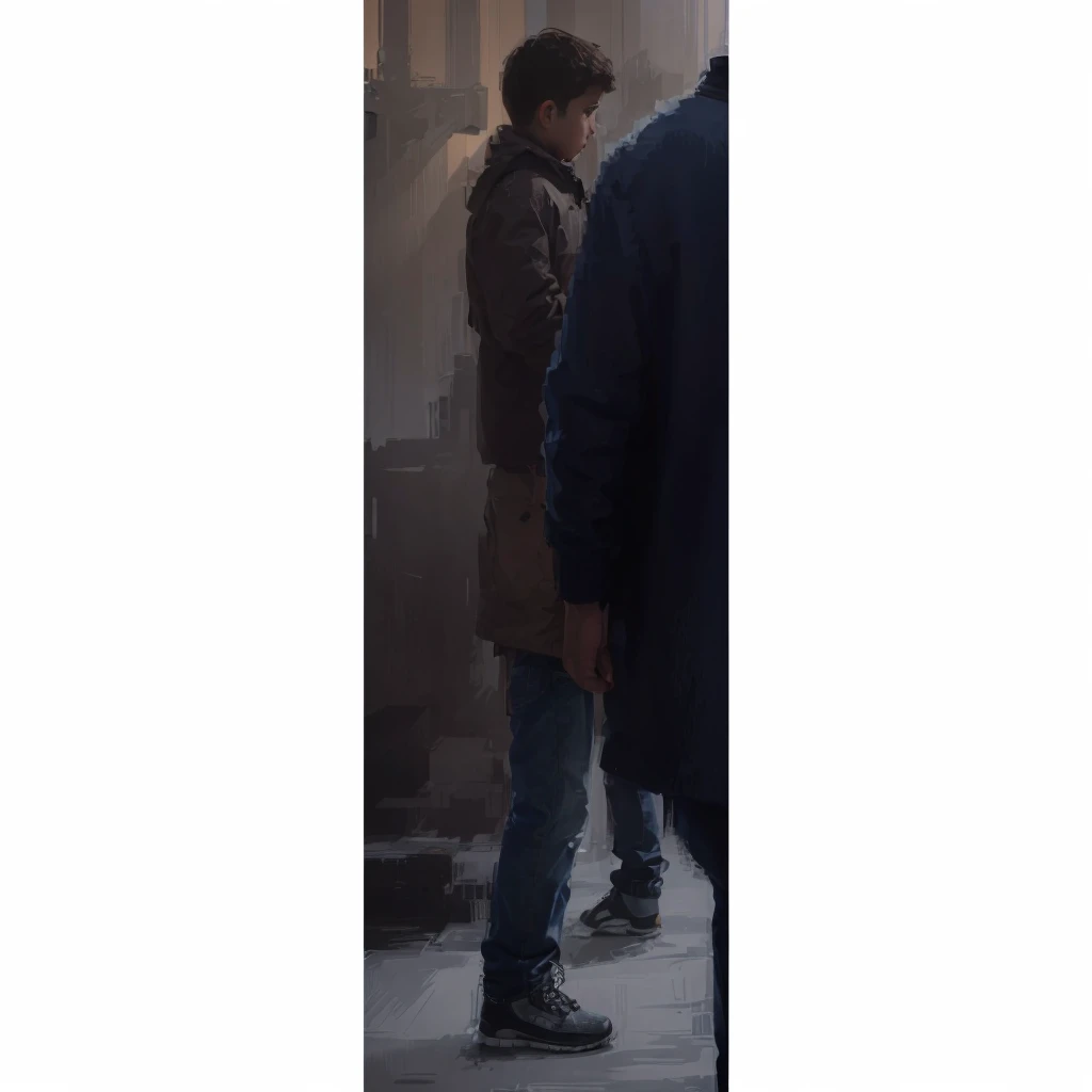 In a city in Europe, in profile, a man with his son is wearing a winter jacket, jeans and carrying a bag. Photorealism, full view, highly detailed image, very realistic, hyperrealism, Ultra HD, 8k, 5, sharp focus, intricate and mysterious masterpiece. (Long exposure photography Very detailed close-up portrait artistic illustration: final quality, medium shot, backlight, Rich and striking. Enigmatic and mysterious manipulations (composition of the rule of thirds), ((detailed environment with strong lines) Lo best quality, in camera, white light, warm and clean aesthetics, dazzling screen composed of millions of brilliant ultraviolet rays, HDR.