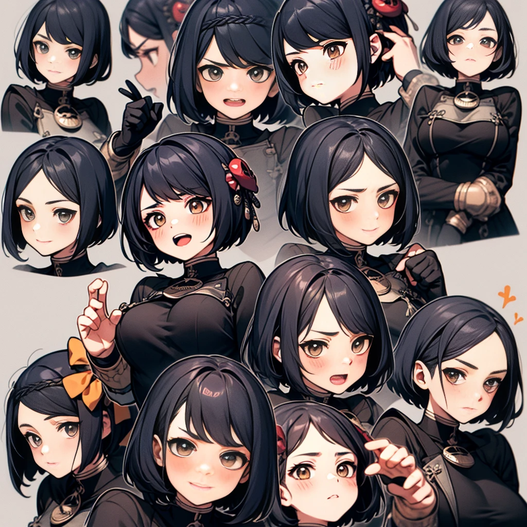 Cute big breasts，Little Red Devils，He Maverick...，Black punk leather jacket，Chain Lock，emoji pack，9 emojis，emoji sheet.，Align arrangement，A variety of gestures and expressions（Grieving，astonishment，having fun，Exhilarating，big laughter，Touch your head，Sell moe, wait），Anthropomorphic style，disney style，Black strokes，Different emotions，A variety of gestures and expressions，10