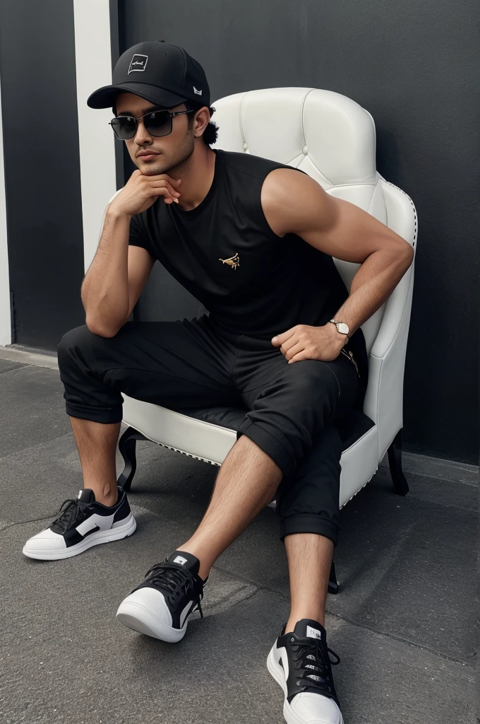 Create a 3D illusion for a profile picture where a 25 Year old cute BOY in a black shirt Sitting casually on a Wingback Lamborghini. Wearing sneakers, a black cricket cap, and sunglasses, he looks ahead. ahead. The background features “RAJAN” in big and capital white fonts on the dark grey wall. There should not be his shadow, and there are wings to make it appear as if he is an angel