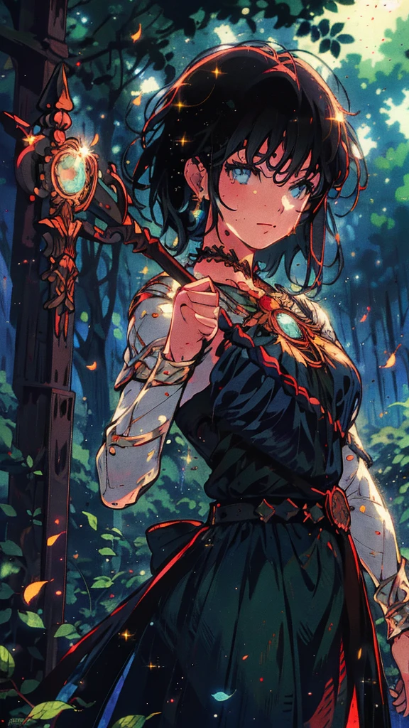 a age girl, standing in an enchanted forest, wielding a double-bladed staff, posing, with glittering fireflies around her, leaves gently falling, wearing a masquerade mask, pre-raphaelite art style, urban fantasy, magical, serene, vibrant, (best quality,4k,8k,highres,masterpiece:1.2),ultra-detailed,(realistic,photorealistic,photo-realistic:1.37),HDR,UHD,studio lighting,ultra-fine painting,sharp focus,physically-based rendering,extreme detail description,professional,vivid colors,bokeh