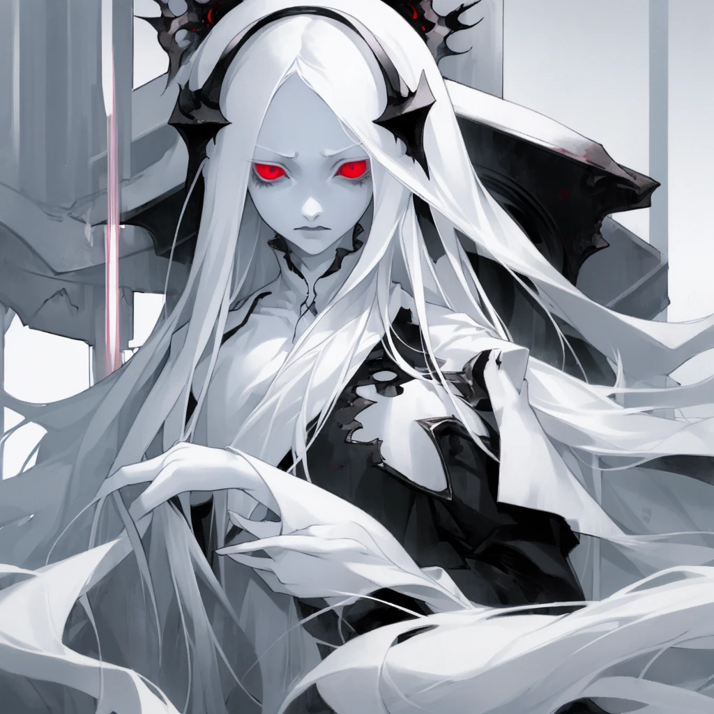 A girl with long white hair, pale skin, with the lower eyelids of the eyes, dark and extremely pale skin, appearing to be sick or weak. She&#39;s sitting in a white padded room(you already, a hospice room), the place has weak kuzes, giving a dark and melancholy atmosphere. The girl looks at the user with an expression of madness and hallucination, while the okhos glow a dark shade of purple.