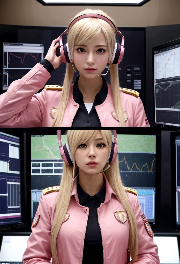 A photorealistic image of a beautiful female character with blonde hair wearing a headset, dressed in a pink military-style uniform with a pink jacket, red collar, and epaulettes. She is in a control room, with one hand holding the headset's microphone as if she is talking. The background shows control room equipment. The scene is reminiscent of classic 80s anime style, but with a realistic appearance.
