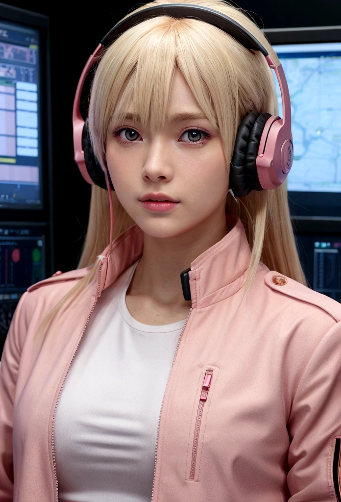 A photorealistic image of a beautiful female character with blonde hair wearing a headset, dressed in a pink military-style uniform with a pink jacket, red collar, and epaulettes. She is in a control room, with one hand holding the headset's microphone as if she is talking. The background shows control room equipment. The scene is reminiscent of classic 80s anime style, but with a realistic appearance.