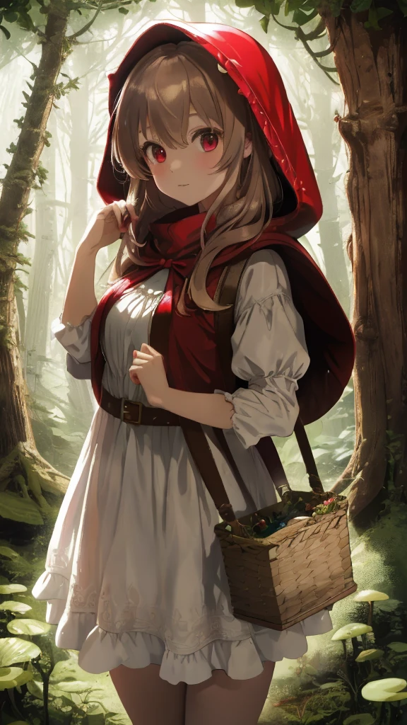 A world of fairy tales and wonderlands,House in the shape of a mushroom,strange shaped plants,wood々forest where light shines in,little red riding hood,wearing red hood,big red poncho,White Dress,I have a big basket,Slight red tide,fluffy light brown hair,werewolf behind,werewolf behind