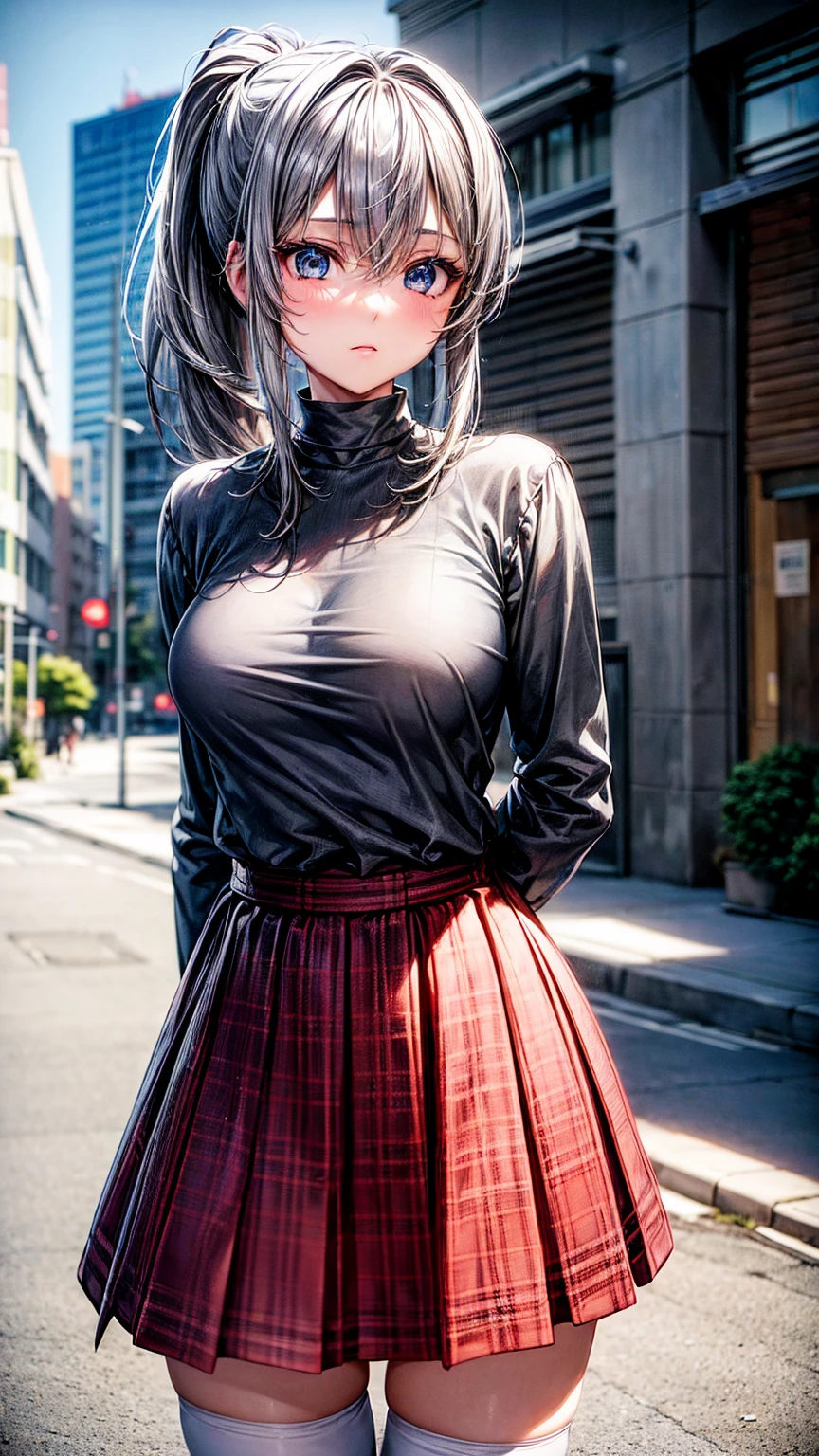 1girl,masterpiece,best quality,grey hair,(ponytails),blue eyes,(white stockings),(red plaid skirt),standing,in full length,medium breasts,white t shirt,in front of streets,extremely detailed,[[realistic]],beautiful alluring anime ,seductive anime girl,