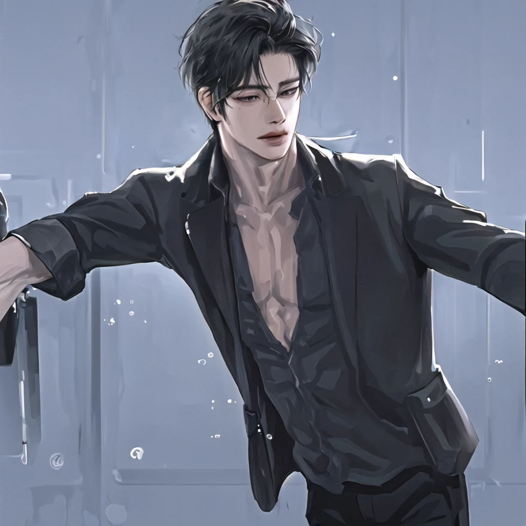 anime boy,realistic anime,black haired boy looking at camera,wearing a black jacket,perfect,handsome,