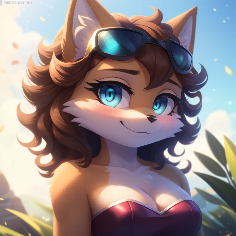 Miyu, star fox, strapless tight dress, cleavage, two-tone hair (brown hair, black tip)), curly hair, halo, sunglasses, jewelry, aqua eyes, longeyelashes, aqua eyes, smile, shy, blush, high detail, masterpiece, UHD, anatomically correct, super detail, highres, 4K