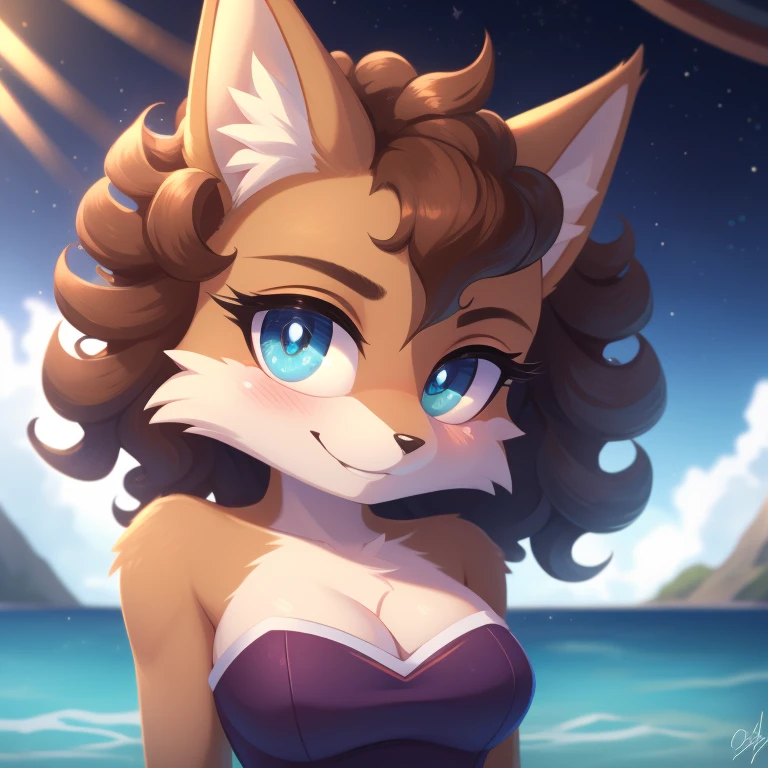 Miyu, star fox, strapless tight dress, cleavage, two-tone hair (brown hair, black tip)), curly hair, halo, sunglasses, jewelry, aqua eyes, longeyelashes, aqua eyes, smile, shy, blush, high detail, masterpiece, UHD, anatomically correct, super detail, highres, 4K