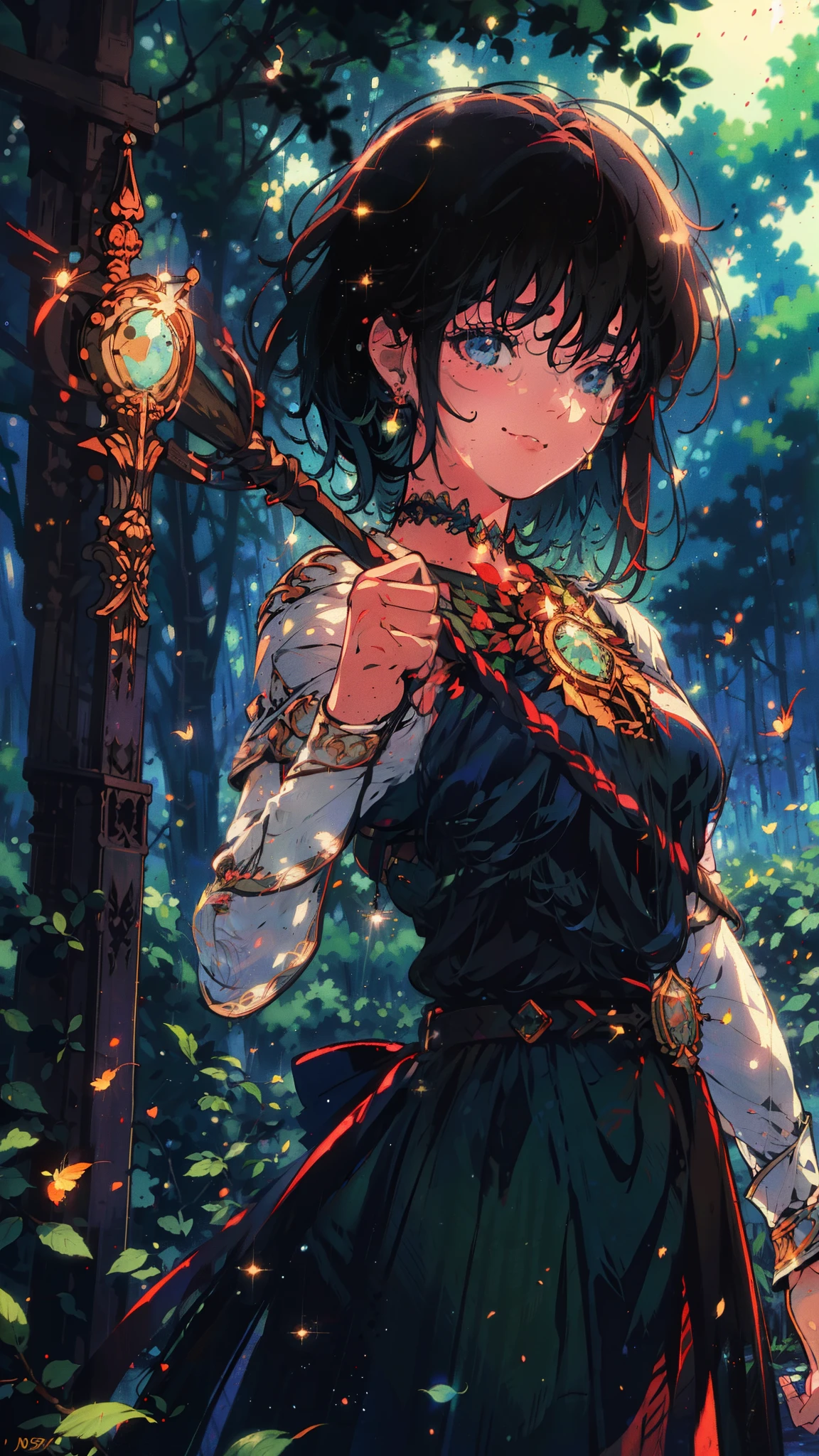 a age girl, standing in an enchanted forest, wielding a double-bladed staff, posing, with glittering fireflies around her, leaves gently falling, wearing a masquerade mask, pre-raphaelite art style, urban fantasy, magical, serene, vibrant, (best quality,4k,8k,highres,masterpiece:1.2),ultra-detailed,(realistic,photorealistic,photo-realistic:1.37),HDR,UHD,studio lighting,ultra-fine painting,sharp focus,physically-based rendering,extreme detail description,professional,vivid colors,bokeh
