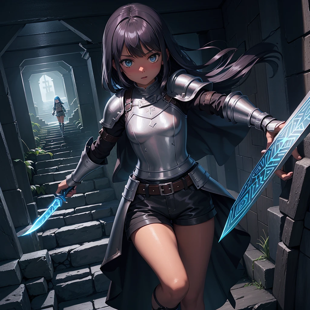 最high quality、high quality、Simple Cloth Armor、10Year-old girl adventurer、Descend the maze stairs、leather armor、Shorts、Equipped with a dagger and a shield、In a dark maze、The body is being swallowed by slime