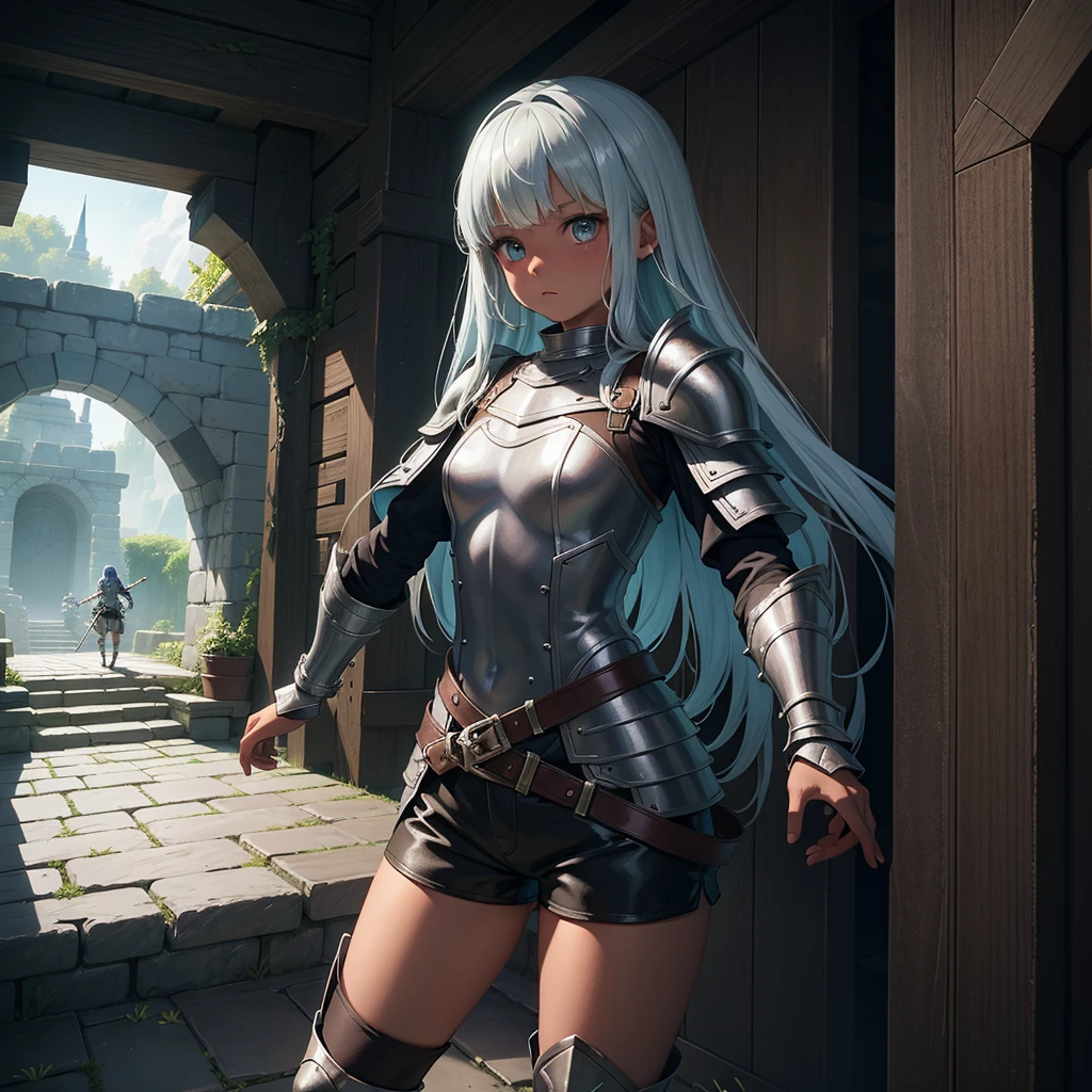 最high quality、high quality、Simple Cloth Armor、10Year-old girl adventurer、Descend the maze stairs、leather armor、Shorts、Equipped with a dagger and a shield、In a dark maze、The body is being swallowed by slime