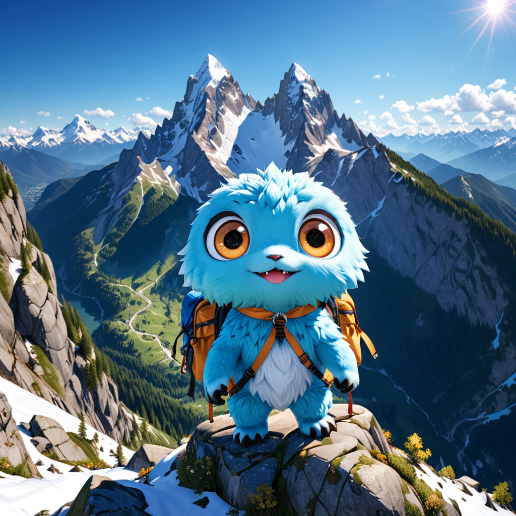 【やま】
A cute mountain monster with big eyes and a cheerful expression, standing on a tall peak, enjoying the breathtaking view. The adorable creature has a small backpack and hiking gear, showcasing the joy of climbing. The background features a stunning landscape with snow-capped mountains and a clear blue sky. --ar 1:1 --v 6.0 3D render