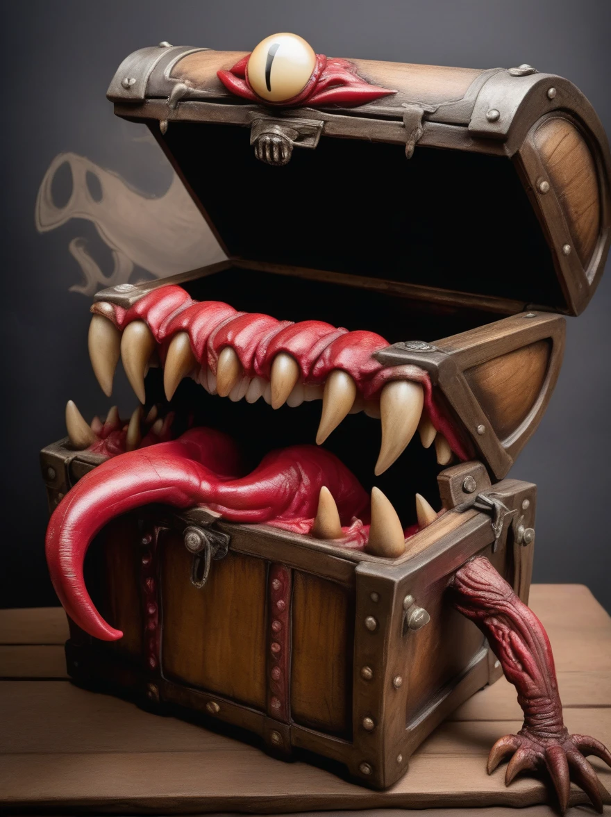 A vintage wooden treasure chest monster with a big tongue and teeth, Moderate: Surreal photography, style: inspiRed by the dark fantasy aRt of H.R. Giger, light: low-key light with a spotlight on the tongue and teeth, color: dark, Earthy tone with a hint of red on the tongue, work: 使用佳能 EOS-1D X MaRk III 拍摄, EF 24 mm f/1.4L II USM lens, Resolution 20.1 megapixel, ISO 102400, , 