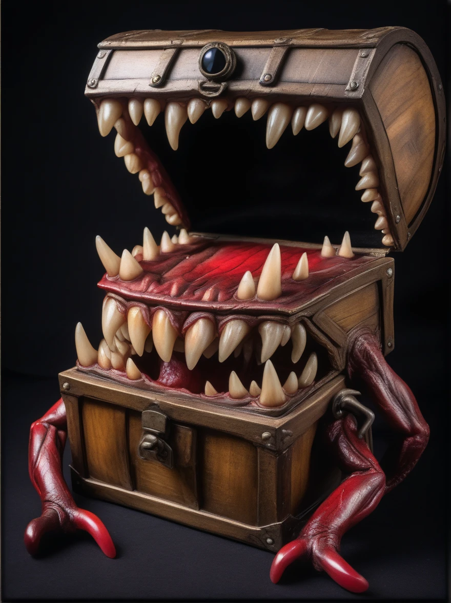 A vintage wooden treasure chest monster with a big tongue and teeth, Moderate: Surreal photography, style: inspiRed by the dark fantasy aRt of H.R. Giger, light: low-key light with a spotlight on the tongue and teeth, color: dark, Earthy tone with a hint of red on the tongue, work: 使用佳能 EOS-1D X MaRk III 拍摄, EF 24 mm f/1.4L II USM lens, Resolution 20.1 megapixel, ISO 102400, , 