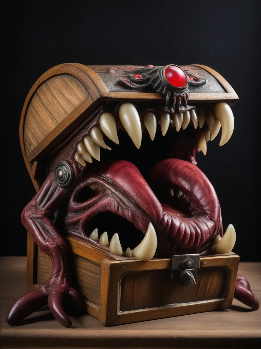 A vintage wooden treasure chest monster with a big tongue and teeth, Moderate: Surreal photography, style: inspiRed by the dark fantasy aRt of H.R. Giger, light: low-key light with a spotlight on the tongue and teeth, color: dark, Earthy tone with a hint of red on the tongue, work: 使用佳能 EOS-1D X MaRk III 拍摄, EF 24 mm f/1.4L II USM lens, Resolution 20.1 megapixel, ISO 102400, , 