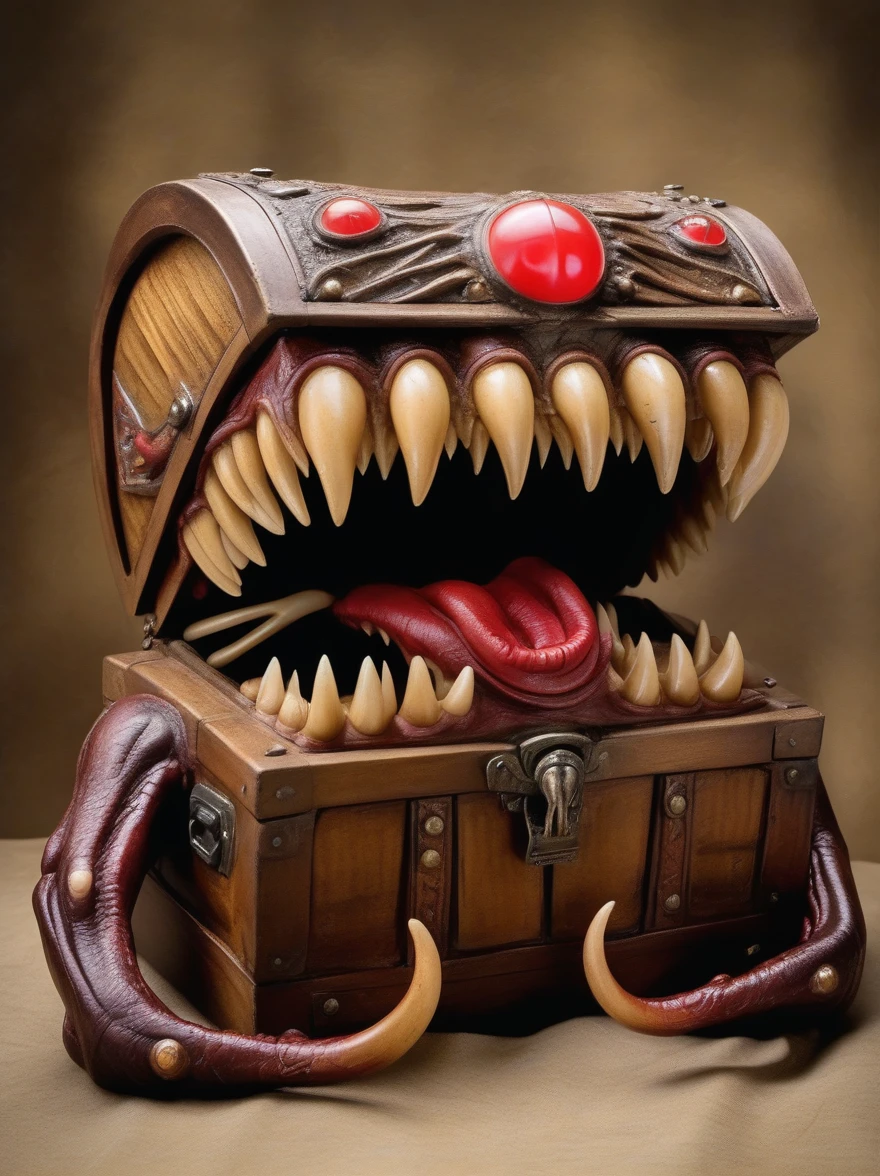 A vintage wooden treasure chest monster with a big tongue and teeth, Moderate: Surreal photography, style: inspiRed by the dark fantasy aRt of H.R. Giger, light: low-key light with a spotlight on the tongue and teeth, color: dark, Earthy tone with a hint of red on the tongue, work: 使用佳能 EOS-1D X MaRk III 拍摄, EF 24 mm f/1.4L II USM lens, Resolution 20.1 megapixel, ISO 102400, ,
