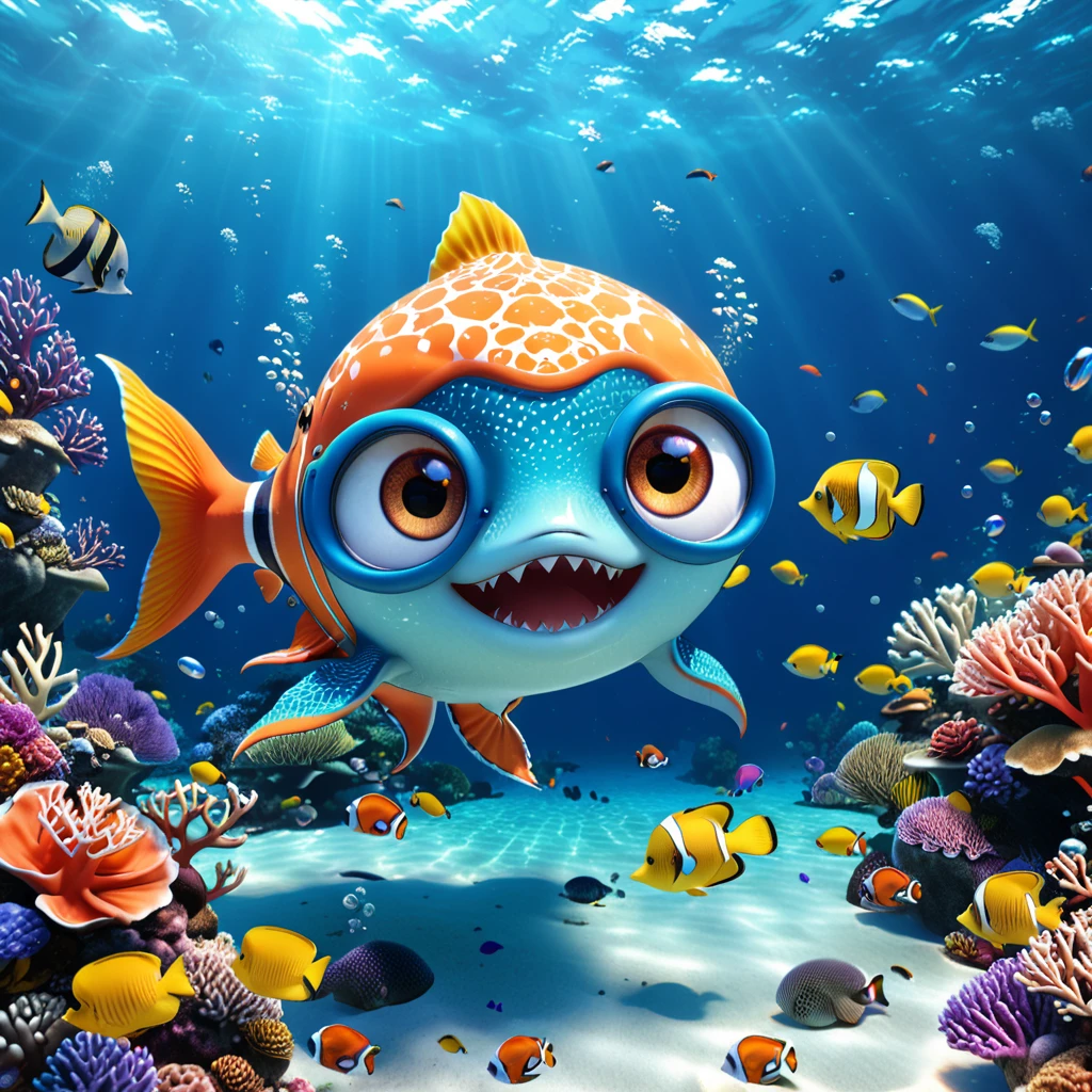 【うみ】
A cute ocean monster with big eyes and a happy smile, swimming in the vast blue sea. The playful creature has colorful fins and a little snorkel, surrounded by vibrant marine life. The background showcases a beautiful underwater scene with coral reefs and bubbles. --ar 1:1 --v 6.0 3D render