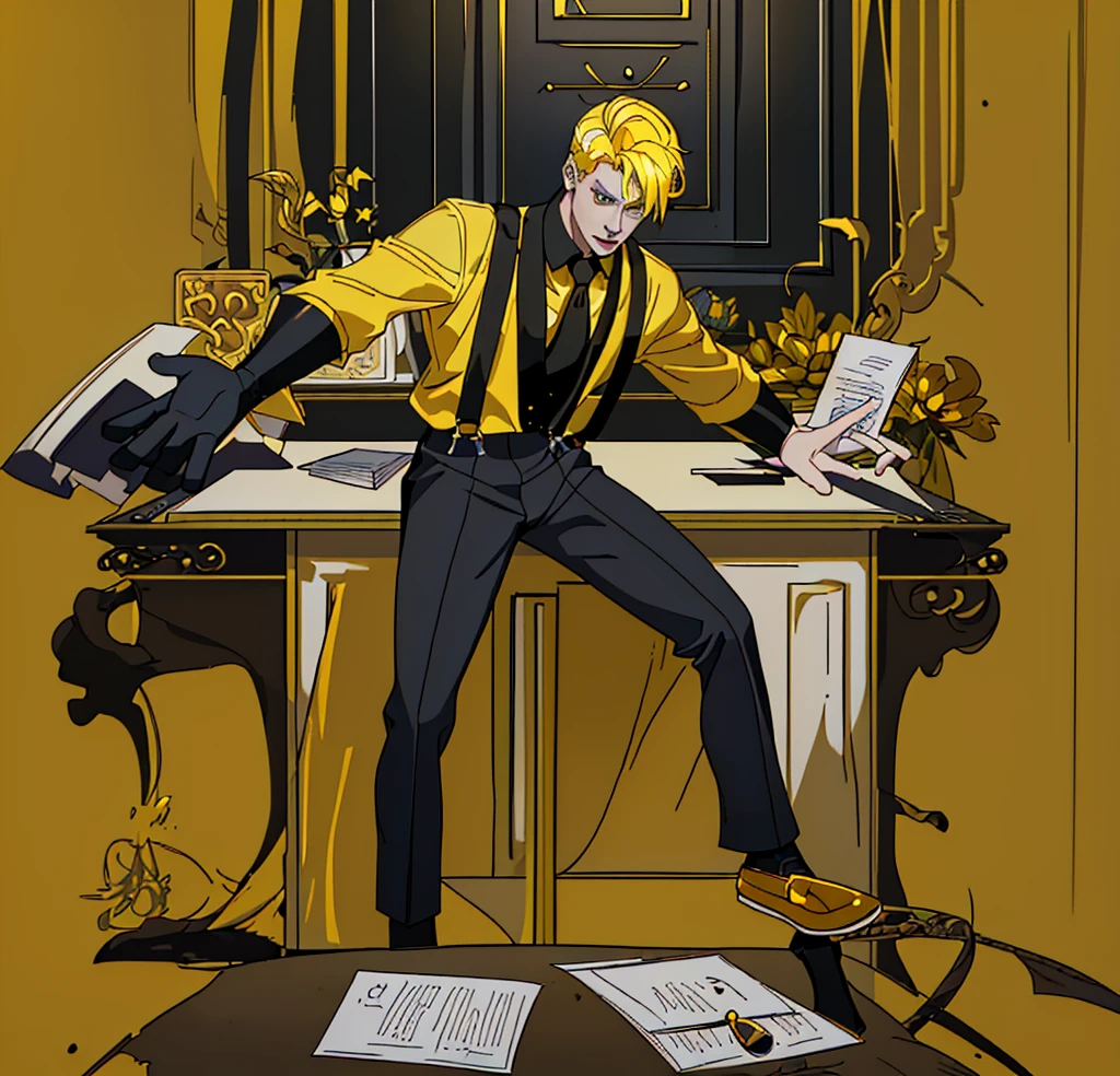 1boy, 1person, alone, 25 years old man, yellow hair, golden eyes, insister sur les reflets des yeux dorés, cheveux blonds, boss, formal business outfit, yellow outfit, yellow clothes, black suspenders, arrogant look, Jen Zee style, bureaucratic themed, modern look, work fashion, workaholic bureau clothes, classy yellow shirt, chemise jaune, bretelles noires, bureau, desk, work furniture, yellow themed image, yellow furniture, mustard touches of olor, mustard colored walls, kim goo character, kim goo inspiration, kim goo lookism, kim goo manager kim, looking at viewer, flower of the cult vagabondart1 style, vagabondart1 instagram, khoffi art style, khoffi style, khoffi instagram, ゆりぼう style, Imari Ozaki style, eve insomnia style, yasutatsu style, ewkkyorhrart, Dino (@Dino_illus) style, illustration