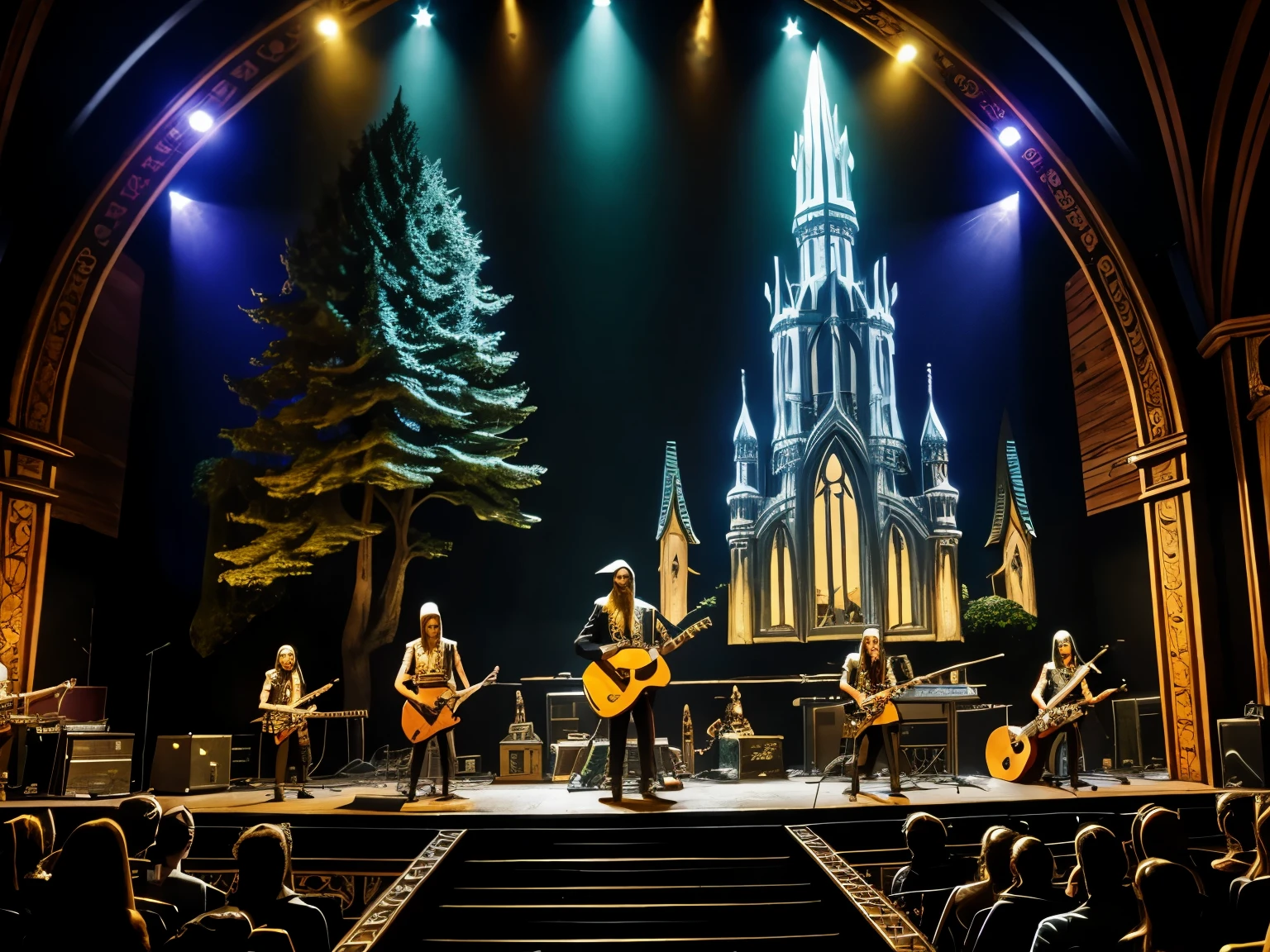 elven city, Folk metal, Herr Mannelig in Elvish, elf rock star with guitar on stage, fantasy, rock concert, gothic metal aesthetics, fantasy