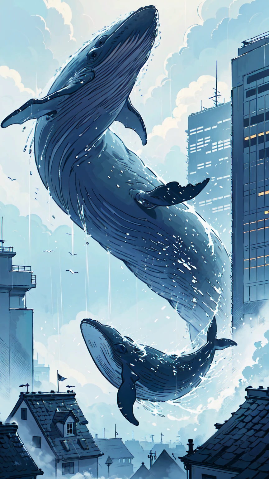 absurdres, (A whale flying between skyscrapers:1.2),Only the huge tail fin is visible, Amazing person々, Heavy Rain, storm, Cloudy, darkness, storm, Vision, Mysterious Clouds, cliff,Thick Fog,Thick Fog, forest,  wood, Only light from the window, Poor visibility, Whale, Monster, flying, simple, flat desinge, 