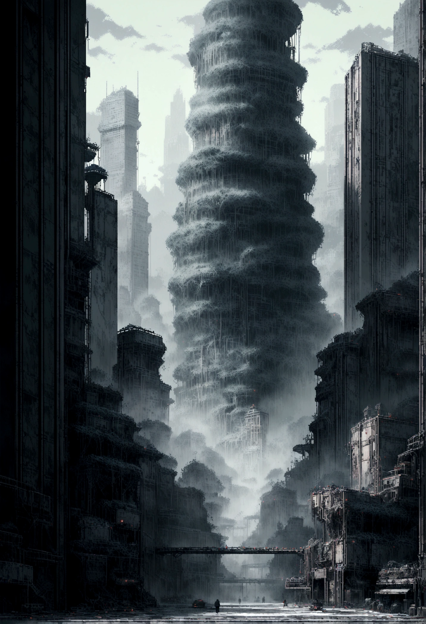 Pixel art, A dark, futuristic winter cityscape, a towering gray skyscraper at the center, surrounded by a bleak, overcast sky, multiple levels and layers in a side-scrolling game environment, hyper-realistic, cinematic lighting, moody, cold atmosphere, muted color palette, digital art, 8k, photorealistic, masterpiece