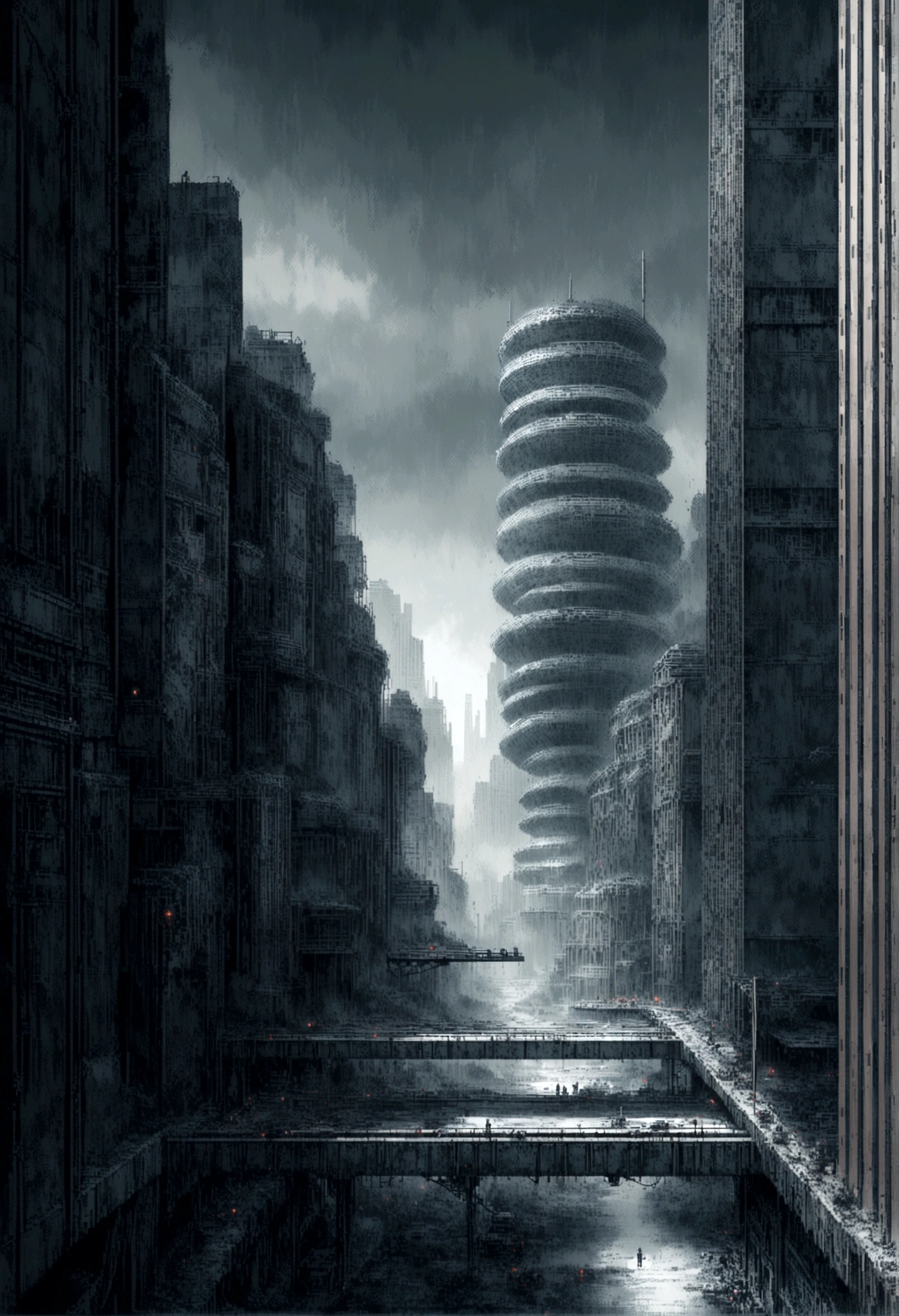 Pixel art, A dark, futuristic winter cityscape, a towering gray skyscraper at the center, surrounded by a bleak, overcast sky, multiple levels and layers in a side-scrolling game environment, hyper-realistic, cinematic lighting, moody, cold atmosphere, muted color palette, digital art, 8k, photorealistic, masterpiece