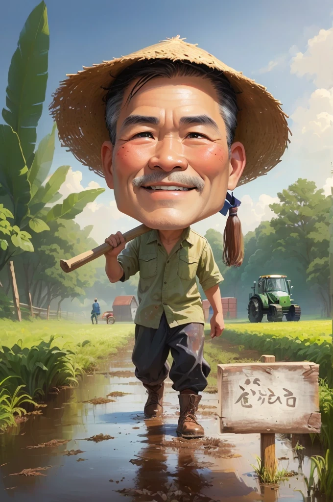 cartoon man walking in a muddy field with Bring a hoe,  With a wooden plank stuck in front of him, caricature illustration, farmer, caricature style, japanesse farmer, cartoon portrait, caricature, cartoon digital painting, caricature!!!, south east asian with round face, cartoon artstyle, potrait, cartoon digital art, digital cartoon painting art, do hoang tuong artwork, big head