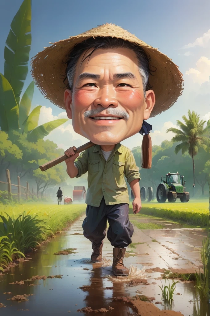 cartoon man walking in a muddy field with Bring a hoe, With a wooden plank stuck in front of him, caricature illustration, farmer, caricature style, japanesse farmer, cartoon portrait, caricature, cartoon digital painting, caricature!!!, south east asian with round face, cartoon artstyle, potrait, cartoon digital art, digital cartoon painting art, do hoang tuong artwork, big head