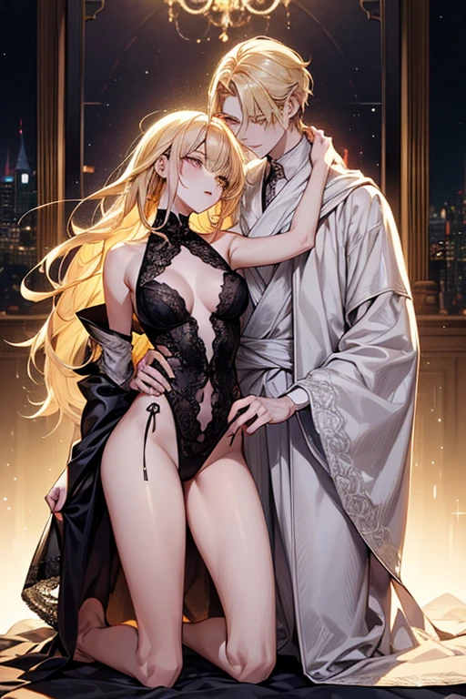tall man with yellow eyes, blonde hair and yellow eyes、Has a sharp gaze, His eyes were glowing yellow., a handsome guy, Beautiful shape、Blonde Short Hair、length bodyModeled、Best Style、Full Body Lesbianエスビアン、(Enriching the image、highest level of quality)美right8K CGartwork、Goddess-like posture、Kneeling exercise、Slim and soft、Clear skin、Pink Hair、Super long hair beauty、Super long straight hair,The skin is white and juicy,,,Big Lingerie,Outlook Part 1.Silhouette effect is doubled,Exquisite transparent blues pattern on pajamas,細部は複雑でExquisite,Attractive and greedy spread legs、Perfect body slim curve、Embrace、Kiss cutely, Happy!!!, Couple pose, Accurate depiction、blond man with golden eyes、Pink Hairとピンクの目をした女性,High resolution,Super detailed,(Sharpness, something lively, colorful:1.1) Open your lips, (elegant, Elegance) Hairstyle, (美right, Zola々right) exterior, (Deluxe, Exquisite) Fittings, (Sparkling, Sparkling) (大きなShine目), (Shine, burn) (nice) nature, (Mysterious, Mysterious) About the Floor Plan, (Perfect perfection, Perfect pubis) (Individuality, clear) artwork, (masterpiece:1.2), (18-year-old) One Girl (服は美rightです, Exquisite Floral Lace Embroidered Evening Gown).Tall anime guy with yellow eyes, blonde hair and yellow eyes、Has a sharp gaze, His eyes were glowing yellow., a handsome guy, Beautiful shape、length body、Modeled、Best Style、Full Body Lesbianエスビアン、Princess Carrie、Princess Carrie, Full Body Lesbian, See-through sexy lingerie, Sheer Lingerie、Sheer Lingerie、Big nipples、Pink nipples、Pink areola、length, Large Breasts, Tabletop, Highest quality, Very detailed、Princess Carrie,One girl, One boy,