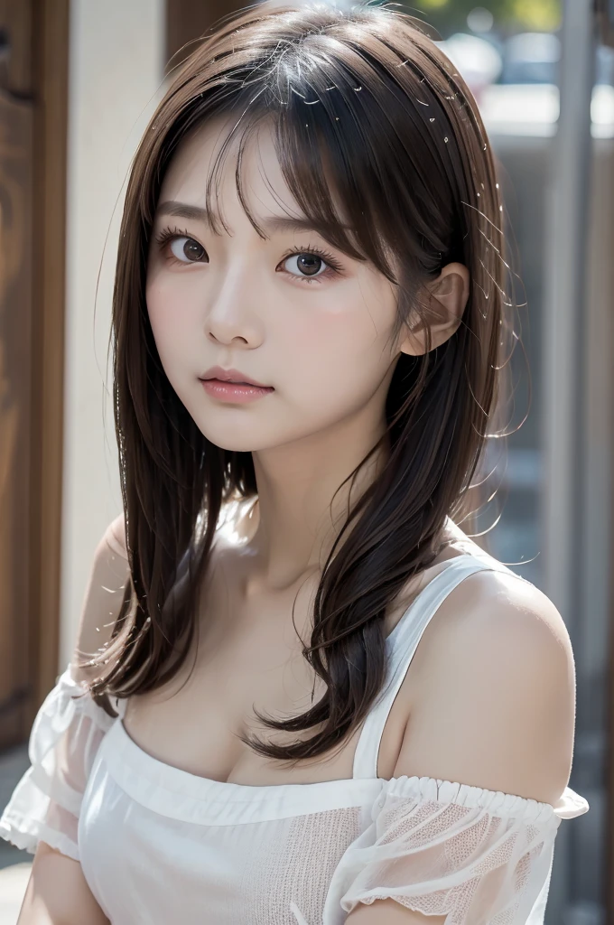 Gentle and attractive Chinese beauty, Half-body photo, Delicate and sexy collarbone, Attractive oval face, double eyelid, Bright pink eyes, Pink Lips, Small Nose, Bare shoulders, Concentrated face, Face close-up, Ultra-high resolution, Super Detail, Elegant standing posture, Ultra-fine light-transmitting wet yarn