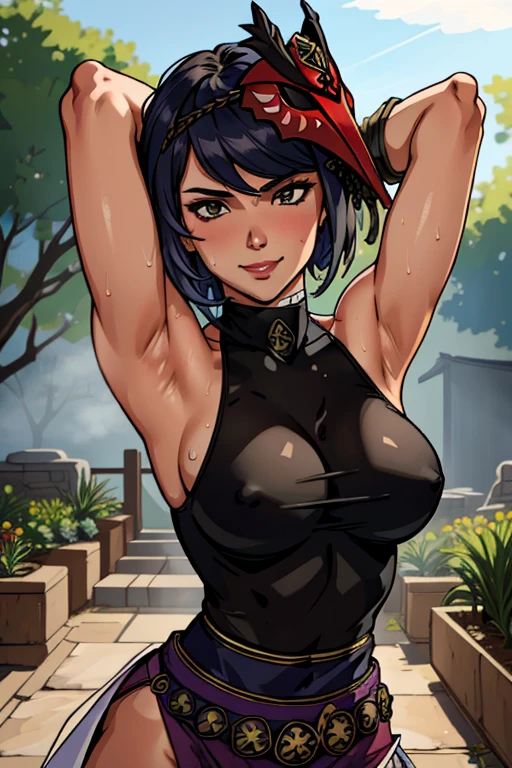 (masterpiece, best quality), intricate details, 1girl, medium breasts, kujou sara, black croptop, turtleneck, sleeveless, outdoor garden, seductive smile, cleavage, sweaty, arms up, detailed armpits, sweaty armpits, red mask on head
