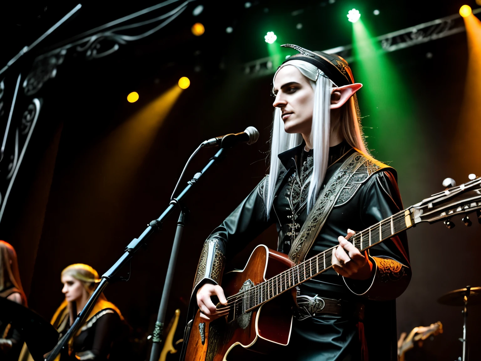 elven city, Folk metal, Herr Mannelig in Elvish, elf rock star with guitar on stage, fantasy, rock concert, gothic metal aesthetics, fantasy