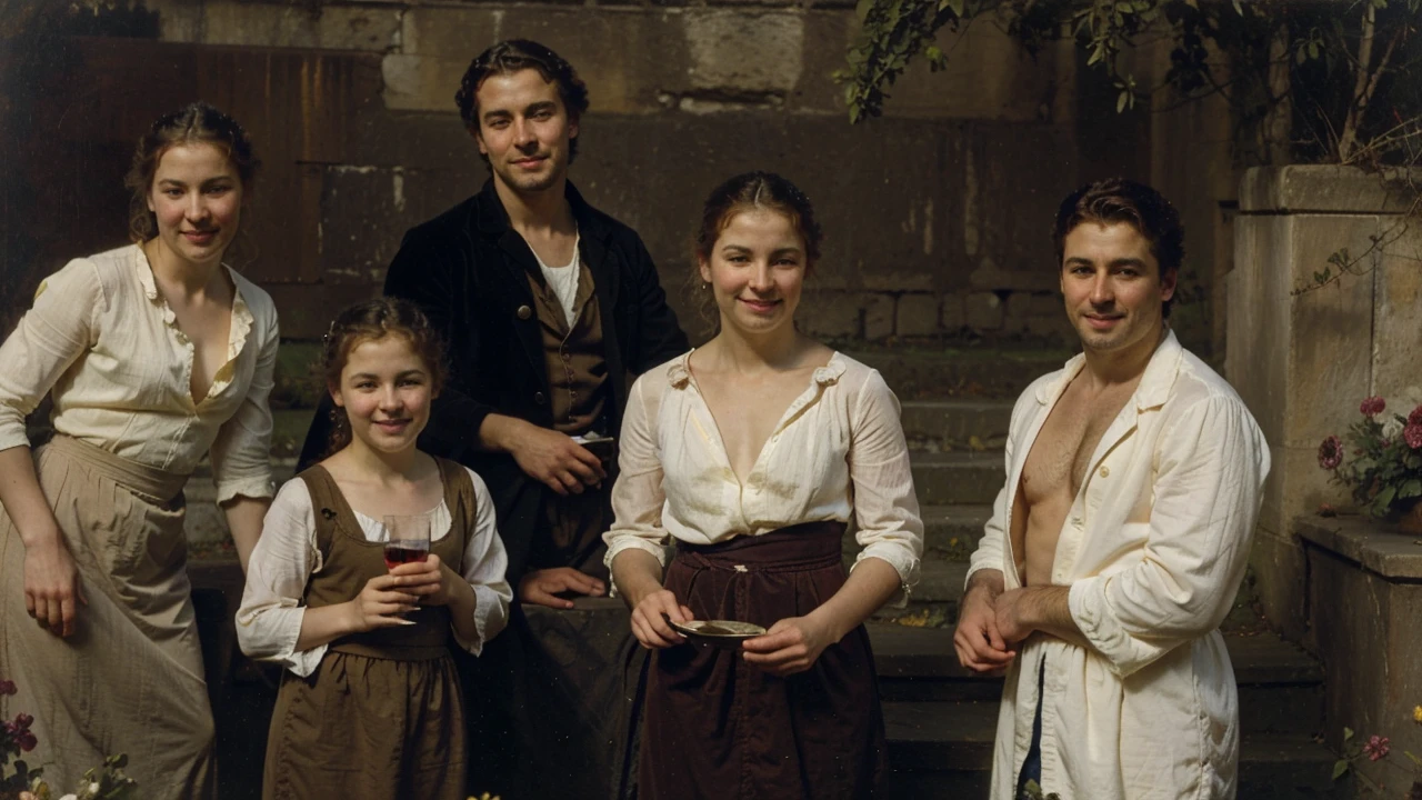 oil on canvas, a beautiful young man resembling Mckenna Grace drinking wine with his pirate friends, in front of some stone steps of an old lighthouse, smiling and looking at the camera, landscape of an epic night , many flowers decorate the place, natural lighting, style of william-adolphe bouguereau