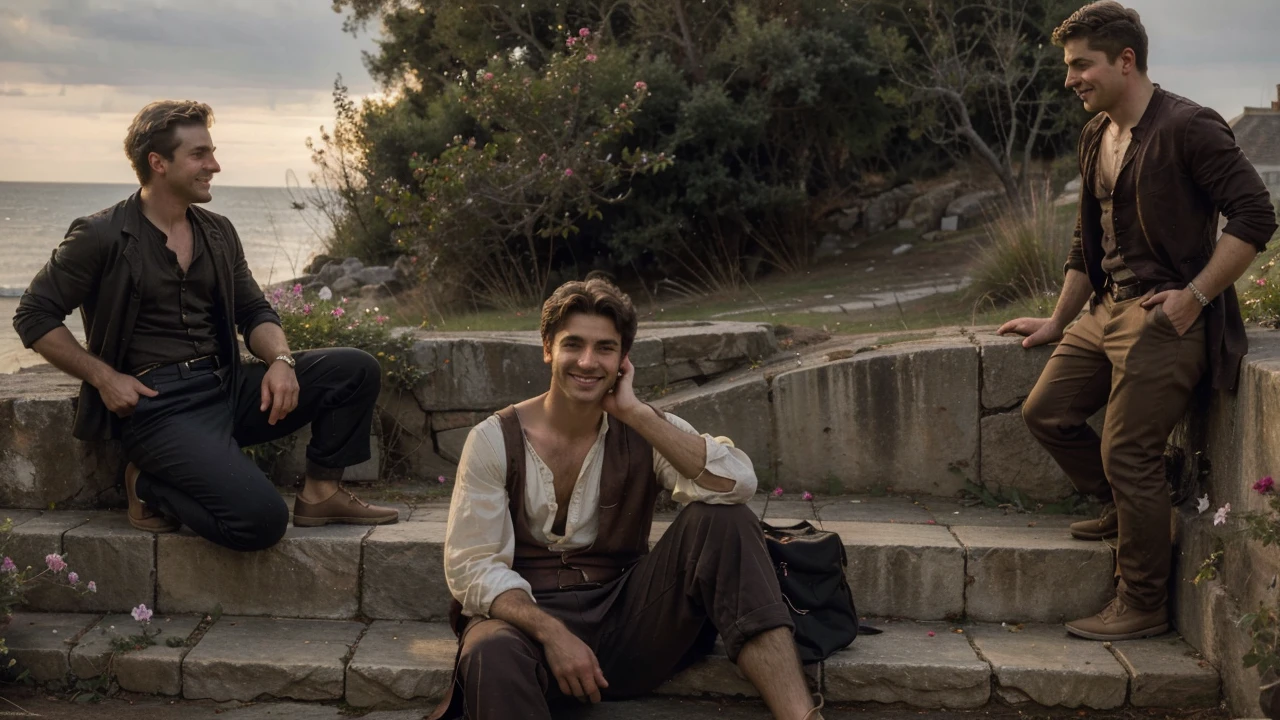 oil on canvas, a beautiful young man resembling Mckenna Grace drinking wine with his pirate friends, in front of some stone steps of an old lighthouse, smiling and looking at the camera, landscape of an epic night , many flowers decorate the place, natural lighting, style of william-adolphe bouguereau