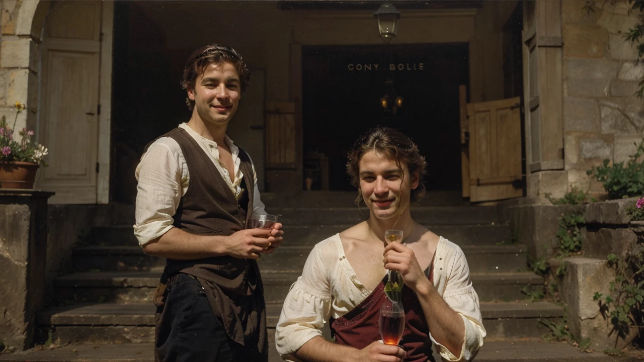 oil on canvas, a beautiful young man resembling Mckenna Grace drinking wine with his pirate friends, in front of some stone steps of an old lighthouse, smiling and looking at the camera, landscape of an epic night , many flowers decorate the place, natural lighting, style of william-adolphe bouguereau