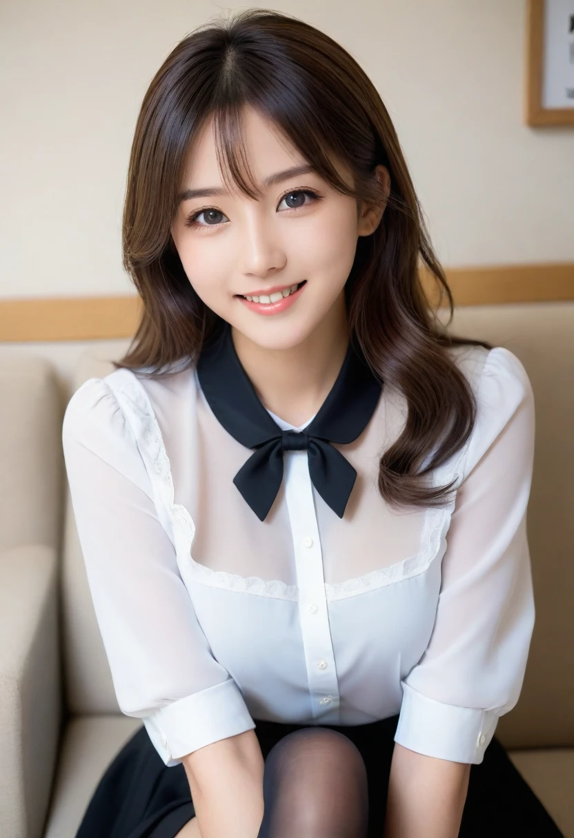 (1girl), (round eyes:1.2), (highly detailed face and eyes), smile, Amazing face and eyes, (frills shirt:1.3), (Best Quality:1.4), (Ultra-detailed), (extremely detailed CG unified 8k wallpaper), Highly detailed, High-definition raw color photos, Professional Photography, Realistic portrait, Amazing face and eyes, indoors, office, (office lady, casual, No sleeve, mini Skirt:1.3), (A moment of relaxation), model, depth of fields, (fine face:1.2),