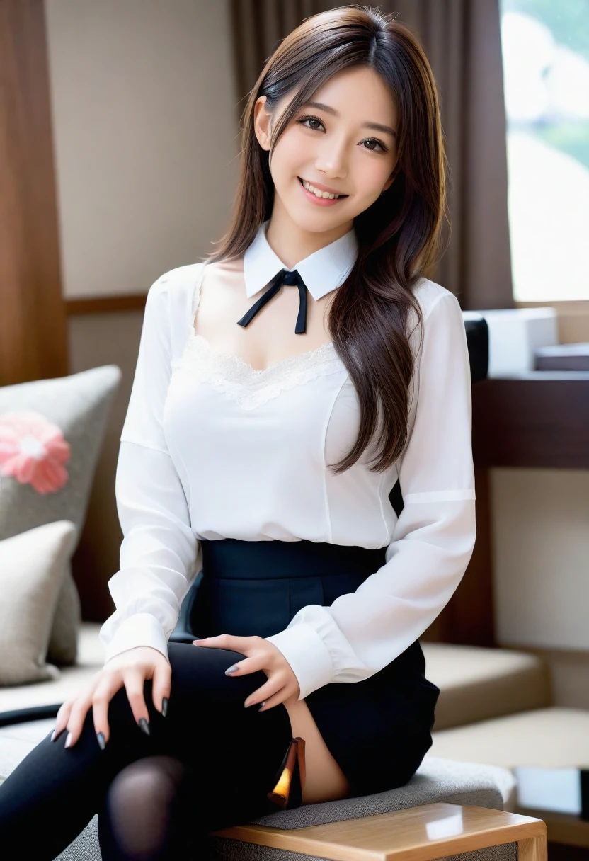 8K, Ultra-high resolution, Highest quality, masterpiece, 三分割法によるphotograph,Surreal, photograph, 1 girl, (16 years old:1.3), pretty girl, Cute face, Beautiful eyes in every detail, 細かくdetailedに,masterpiece,, One Girl:1.2, Japan Female Announcer,whole body,Low - Angle,Young Wife,A woman sitting on a sofa,White blouse with collar,Black Pencil Skirt,Black Stockings,Black high heels、Full of cleanliness,A carefree smile,Healing the heart,Semi-long layered hair,Looking at the audience、beauty,Long neck、Laugh a little、Please close your mouth and laugh、(((Ideal body type))),A-cup small breasts :2,、Portraiture:2、Perfect Anatomy、鮮明なdetailed、detailed、Surreal、Light and shadow,Strong light