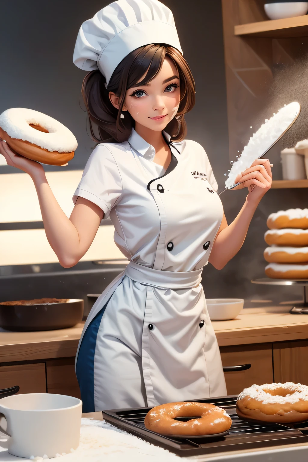 Woman, chef outfit, chef hat, making donuts, flour on cheeks, flour on hands