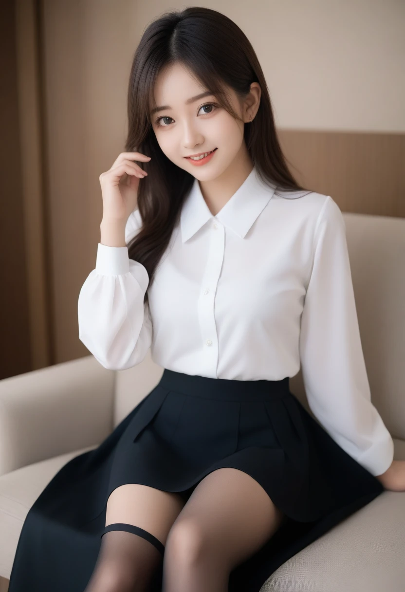 8K, Ultra-high resolution, Highest quality, masterpiece, 三分割法によるphotograph,Surreal, photograph, 1 girl, (:1.3), pretty girl, Cute face, Beautiful eyes in every detail, 細かくdetailedに,masterpiece,, One Girl:1.2, Japan Female Announcer,whole body,Low - Angle,Young Wife,A woman sitting on a sofa,White blouse with collar,Black Pencil Skirt,Black Stockings,Black high heels、Full of cleanliness,A carefree smile,Healing the heart,Semi-long layered hair,Looking at the audience、beauty,Long neck、Laugh a little、Please close your mouth and laugh、(((Ideal body type))),A-cup small breasts :2,、Portraiture:2、Perfect Anatomy、鮮明なdetailed、detailed、Surreal、Light and shadow,Strong light