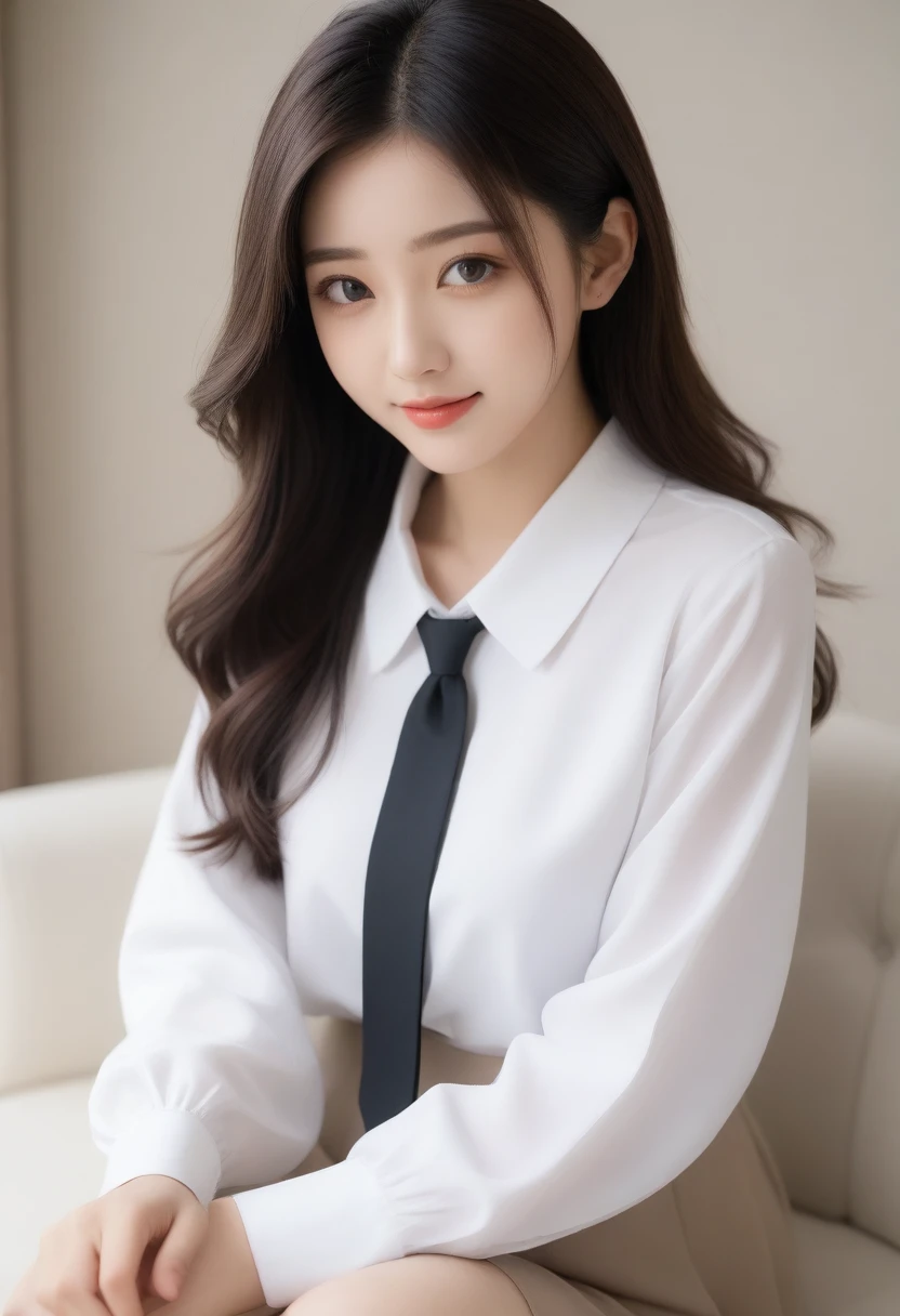 8K, Ultra-high resolution, Highest quality, masterpiece, 三分割法によるphotograph,Surreal, photograph, 1 girl, (16 years old:1.3), pretty girl, Cute face, Beautiful eyes in every detail, 細かくdetailedに,masterpiece,, One Girl:1.2, Japan Female Announcer,whole body,Low - Angle,Young Wife,A woman sitting on a sofa,White blouse with collar,Black Pencil Skirt,Black Stockings,Black high heels、Full of cleanliness,A carefree smile,Healing the heart,Semi-long layered hair,Looking at the audience、beauty,Long neck、Laugh a little、Please close your mouth and laugh、(((Ideal body type))),A-cup small breasts :2,、Portraiture:2、Perfect Anatomy、鮮明なdetailed、detailed、Surreal、Light and shadow,Strong light