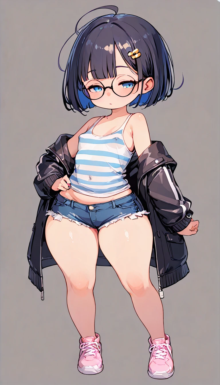 (masterpiece), (best quality), ((ultra-detailed)), (high resolution), (an extremely delicate and beautiful, super fine illustration), official art, BREAK (1girl), (:1.8), (tiny girl:1.6), (8yo)lat chest:1.4), Plump, (Thick thighs:1.8), (big ass:1.5), erect nipples, Huge areola, large nipples, (long nipples:1.4), erect nipples, oily skin, BREAK droopy eyes, (emerald blue eyes:1.3), (bad mood:1.5), (clear face:1.5), (half closed eyes:2.1), BREAK (bob cut:1.3), tired hair, messy hair, blue colored inner hair, Black hair color, (girl wearing round black glasses), BREAK (blue striped cropped white tank top:1.7), (cropped black jacket:1.6), (micro shorts:1.5), (pink sneakers:1.4), (front view:1.5), full body,
