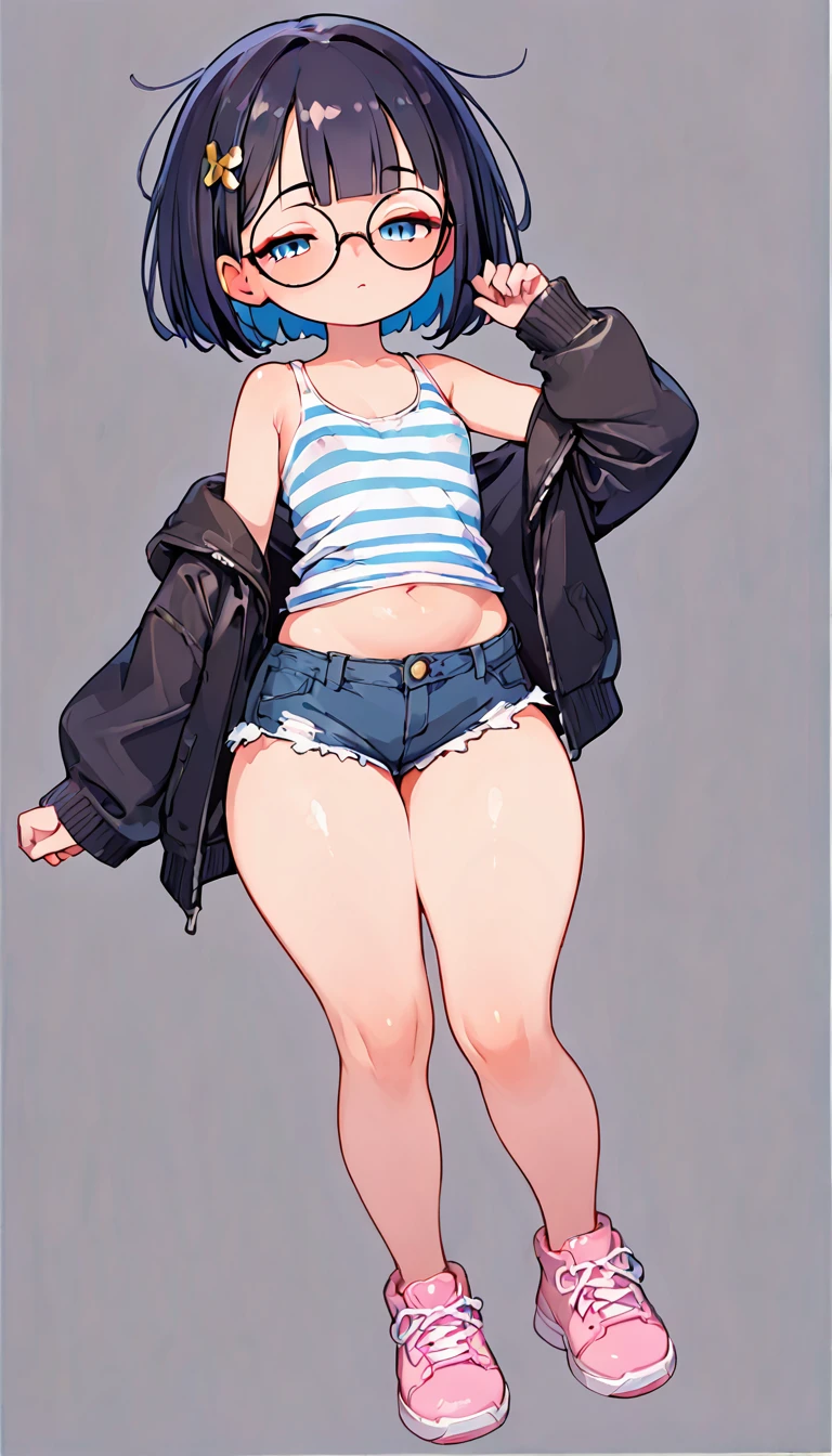 (masterpiece), (best quality), ((ultra-detailed)), (high resolution), (an extremely delicate and beautiful, super fine illustration), official art, BREAK (1girl), (:1.8), (tiny girl:1.6), (8yo)lat chest:1.4), Plump, (Thick thighs:1.8), (big ass:1.5), erect nipples, Huge areola, large nipples, (long nipples:1.4), erect nipples, oily skin, BREAK droopy eyes, (emerald blue eyes:1.3), (bad mood:1.5), (clear face:1.5), (half closed eyes:2.1), BREAK (bob cut:1.3), tired hair, messy hair, blue colored inner hair, Black hair color, (girl wearing round black glasses), BREAK (blue striped cropped white tank top:1.7), (cropped black jacket:1.6), (micro shorts:1.5), (pink sneakers:1.4), (front view:1.5), full body,
