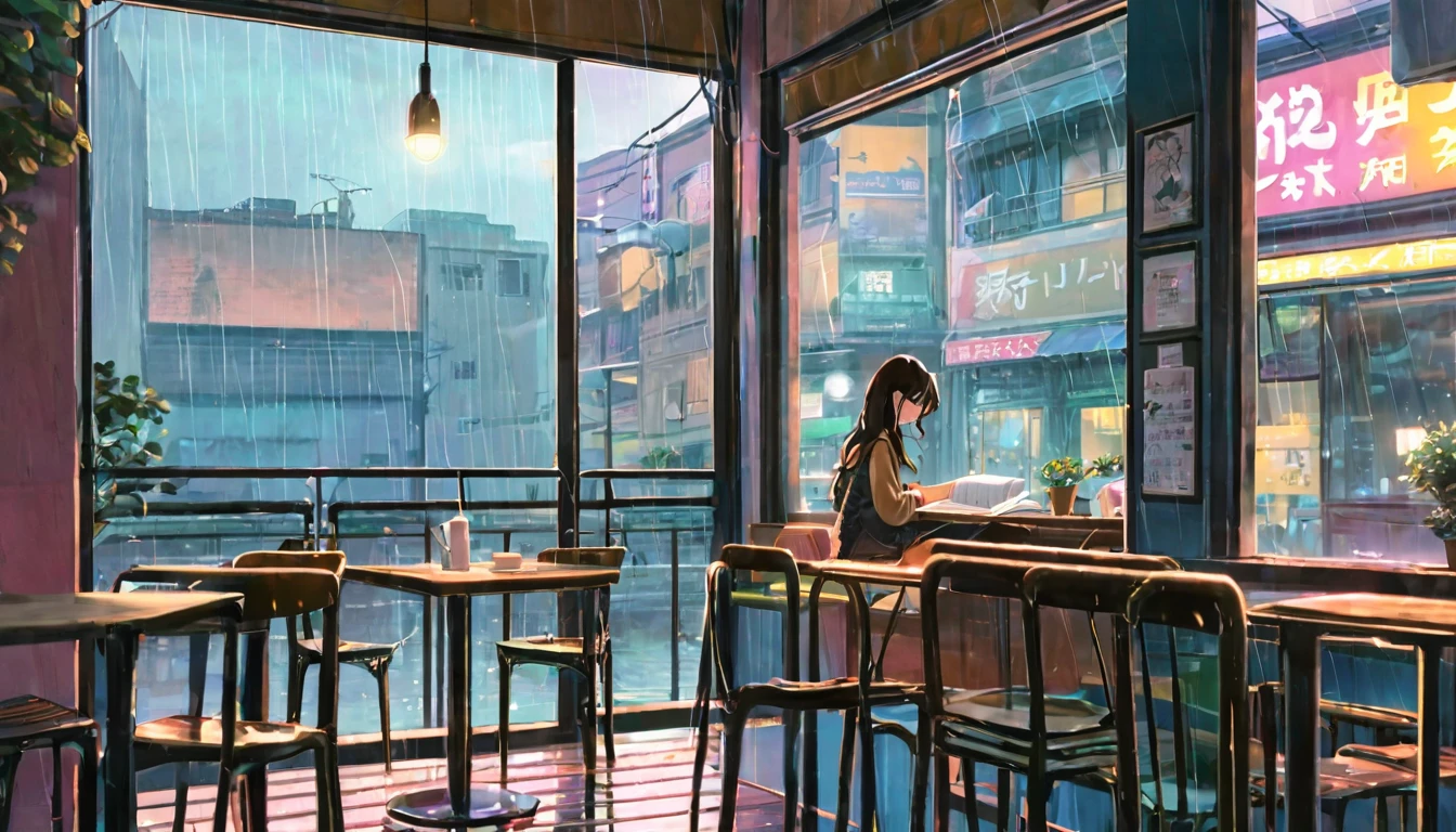 An illustration of a girl studying in an anime-style urban cafe. She sits by the window, concentrating on reading a book while feeling the hustle and bustle of the city outside. Her expression is focused, but also reflects a certain loneliness. The interior of the cafe is cozy, with a coffee cup and a book on the table. Outside the window, it is raining. You can see the city lights and distant buildings. This scene expresses the diverse emotions and tranquility of city life.