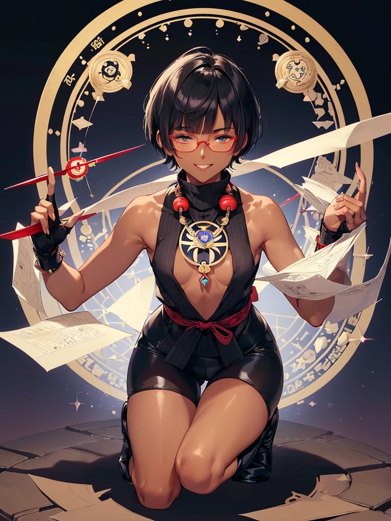(flat chest:), (masterpiece:1.2), highest quality, High resolution, unity 8k wallpaper, (fine and beautiful eyes:1.6), highly detailed face, perfect lighting, Detailed CG, (perfect hands, perfect anatomy), (1 boy solo:1.4), 20 years old, black hair, extremely beautiful detailfeminine face and eyes, (evil smile:1.4), detailed eyes, best quality,( dark skin:1.8), (turtleneck shirt under yukata:1.2), (bike shorts:1.2), extremely detailed, very precise detailed, (glasses:1.3), blunt bangs, open mouth, (very short pixie cut:1.2), boots,fingerless gloves, smile, (half closed eyes:1.5), ,(squat in magic circle on ground:1.1) ,night sky,long sidelocks,(long red Scarf),(yukata),(squatting),(acrobat pose:1.3),(squat:1.3),leaning forward,(one knee dwon:1.5),(Put one foot in front:1.3),(stylish pose:1.4),(Raise only index finger:1.1),,(retro artstyle:1.2), (1990s \(style\)),(in magic circle on ground only:1.3),(from above:1.2),(have a paper talisman:1.8)