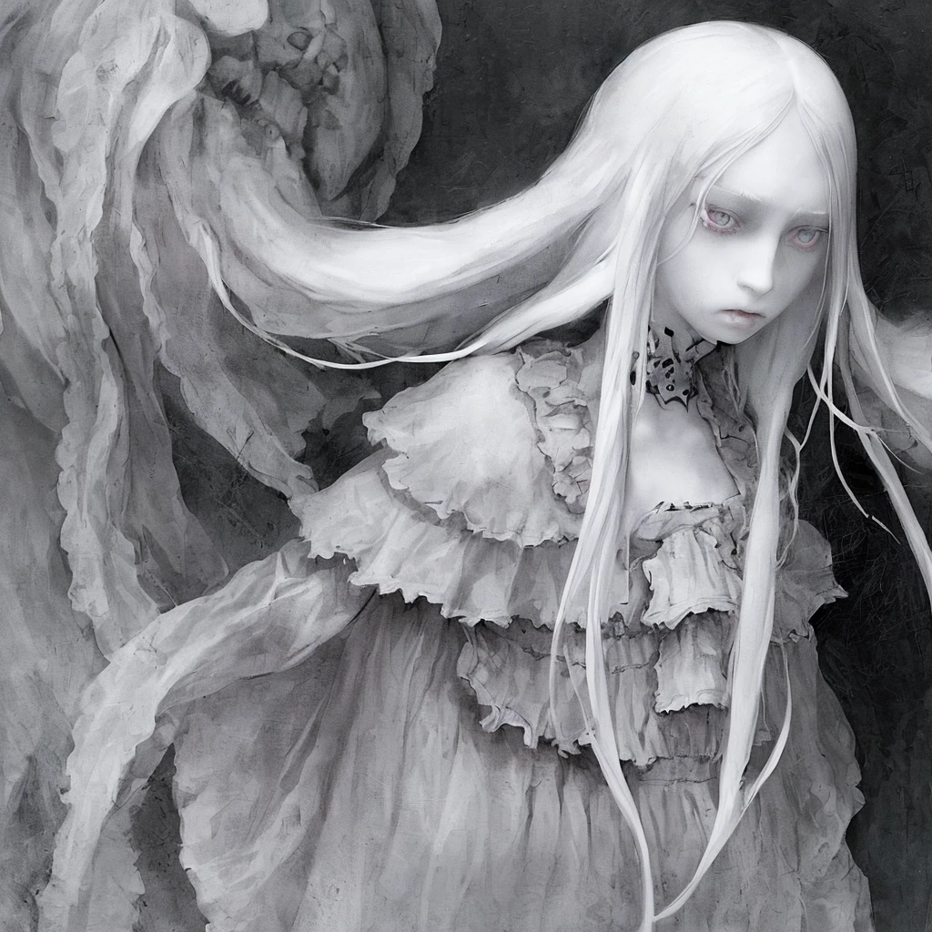 A girl with long white hair, pale skin, with the lower eyelids of the eyes, dark and extremely pale skin, appearing to be sick or weak. She&#39;s sitting in a white padded room(you already, a hospice room), the place has weak kuzes, giving a dark and melancholy atmosphere. The girl looks at the user with an expression of madness and hallucination, while the okhos glow a dark shade of purple.